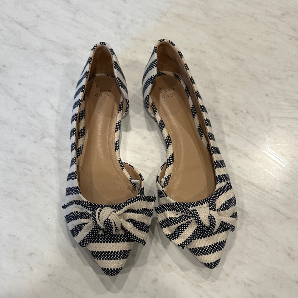 a new day Navy and Cream Striped Flats with Bow